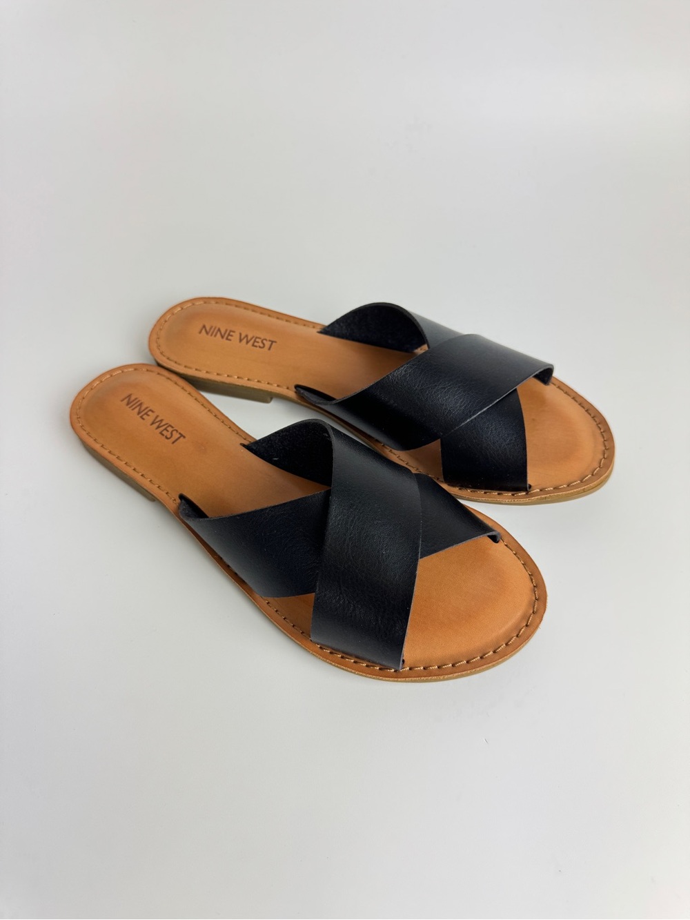 Nine West Black Crisscross Leather Slide Sandals